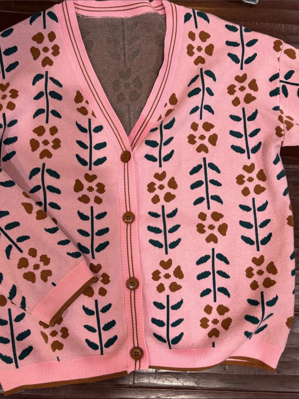 Source Unknown Pink Floral Cardigan with Brown & Teal Accents
